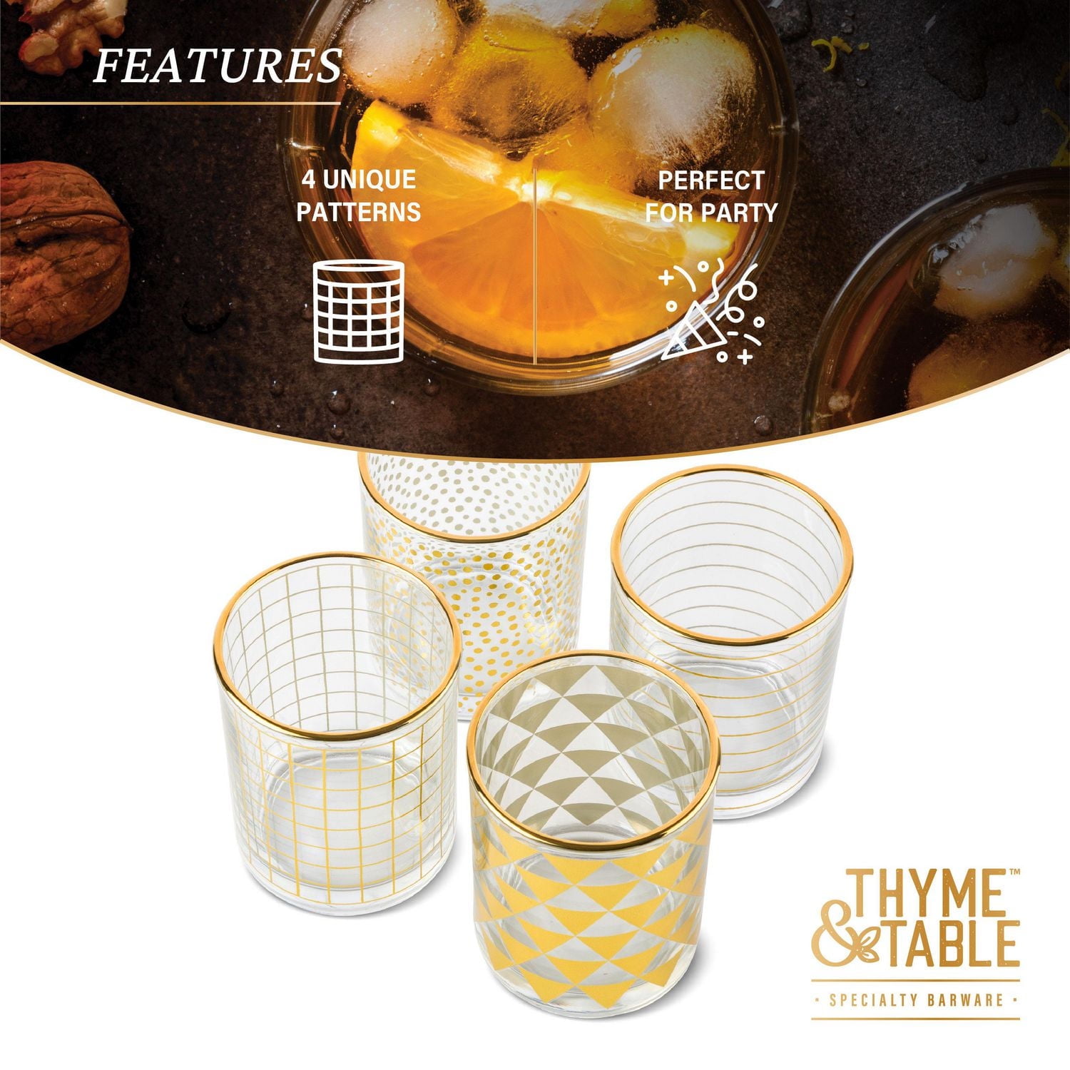 Thyme & Table Rocks Glasses, 11 oz, 4 Piece Set, barware