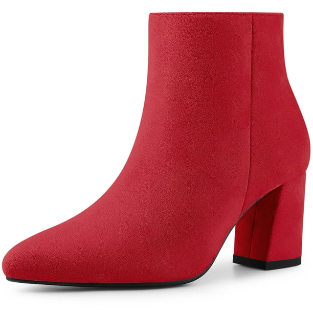 Botines de Tacón Grueso Allegra K con Cremallera Lateral Punta en Punta para Mujer Rojo 40
