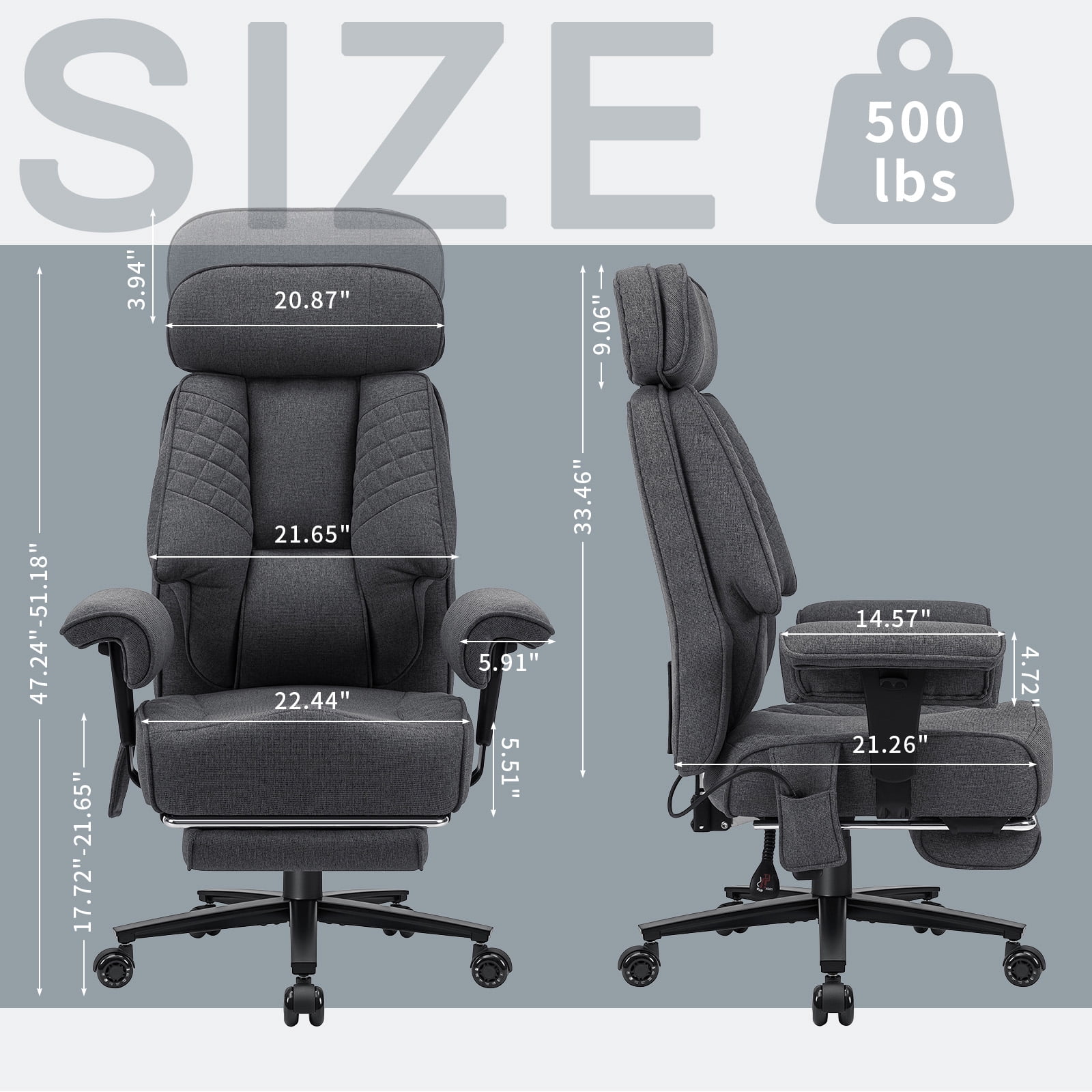 Hoffree Big and Tall Office Chair 500lbs, Reclining Ergonomic Desk Chair with Adjustable Lumbar Support, Arms and Headrest, Executive Fabric High Back Computer Chair with Footrest for Home, Gray