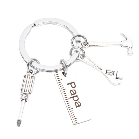 Masteelf Father's Day Keyring Stainless Steel Papa Carving Hanging Keyring Hammer Screwdriver Wrench Tools Keychains Gift for Man (Silver)
