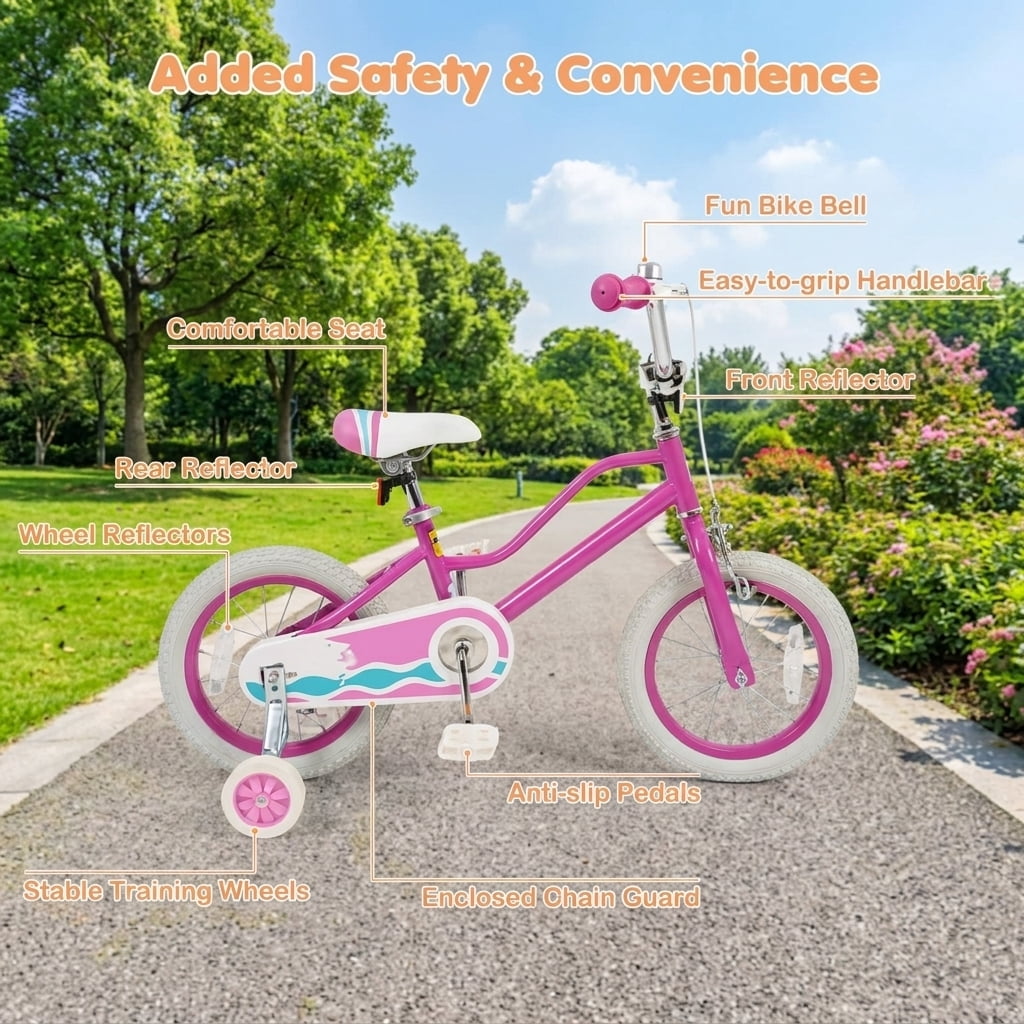 Redsmile Kids Bike 14 Inch for Boys Girls Ages 3-5 Years Old, Kids Bicycle with Adjustable Handlebar and Seat, Training-Ready Beginner Bike, 110 lb Capacity, Starlight Wave, Pink