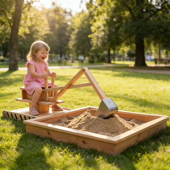 Wooden Sandbox with Digger, Kids Sandbox Outdoor with 360° Rotating Seat, Fir Wood Sand Pit with Bottom Liner for Kids Ages 3-6