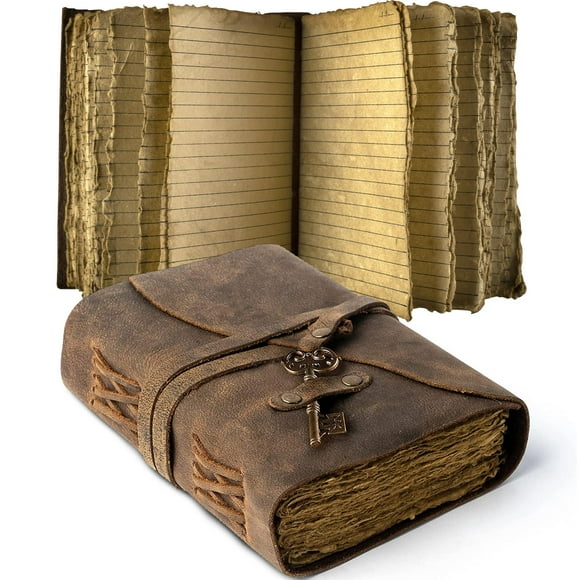 Vintage Leather Journal Lined Pages with Key - Antique Handmade Deckle Edge Vintage Paper Leather Bound Journal - Book of Shadows Journal - Leather Sketchb