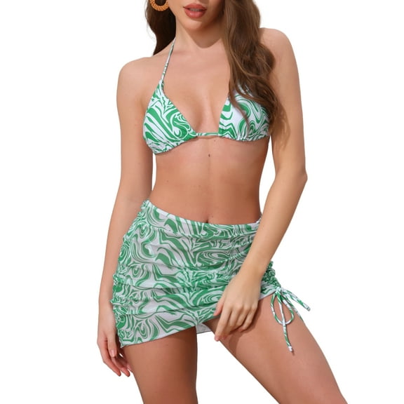 Women's Water Ripples Colorblock Halter Bikini Sets 3 Piece Triangle Bottom Mesh Cover Up Swimwear Bathing Suits X-Small Green White