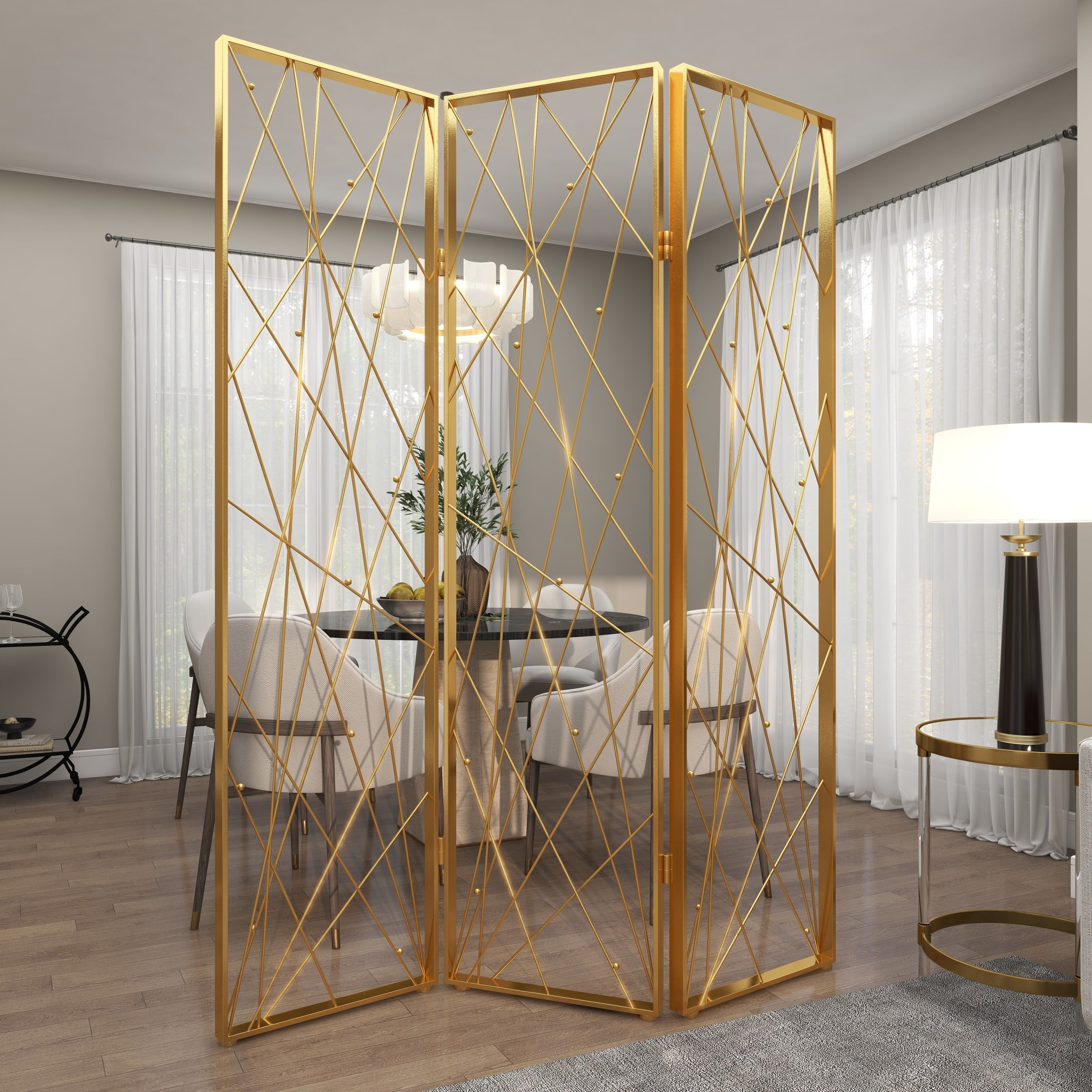 DecMode Glam Metal Foldable 3 Panel Room Divider Screen with Gold