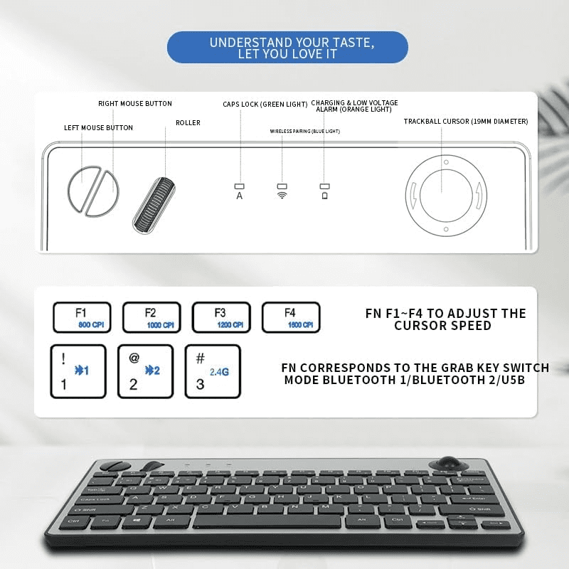 JOMAA 78 Keys Dual Mode Bluetooth Wireless Trackball Keyboard for Windows Mac iOS Android Computer Tablet Desktop
