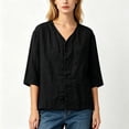 thumbnail image 3 of LEKWK Linen Tops for Women 3/4 Sleeve Button Down Tunic Tops Loose Fit V Neck Lightweight Solid Shirts Summer Beach Vacation Daily Outfits, 3 of 5