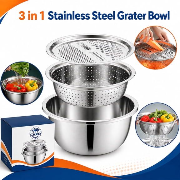 Stainless Steel Grater Bowl 3-in-1, Multifunctional Kitchen Strainer with Vegetable Cutter Drain Basket and Cheese Grater for Rinsing Draining Mixing