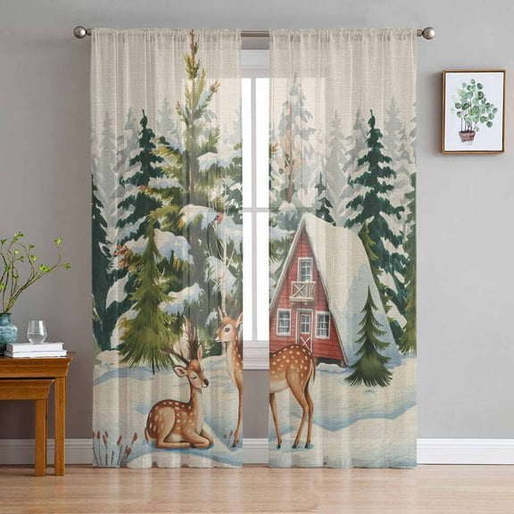 Christmas Sheer Curtains 72 Inches Long, Xmas Winter Vintage Forest Tree Deer Snowflakes Light Filtering Window Curtains for Living Room, Rod Pocket Voile Sheer Curtain Drapes, 52"Wx72"L, 2 Panels