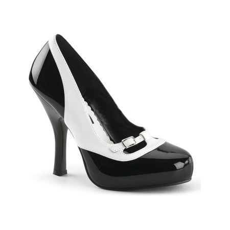 Black Patent Mary Jane Shoes - Womens Glossy Black and White Patent Mary Jane Pumps Shoes with 4.5'' Heels