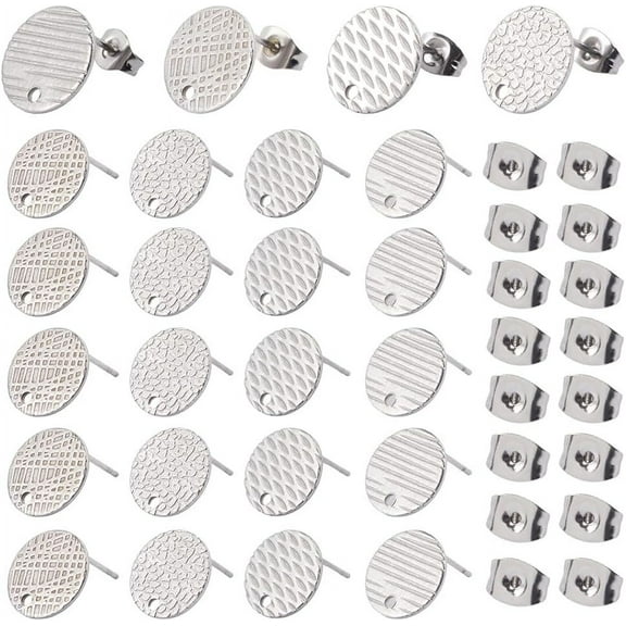 1 Box 40Pcs 4 Styles Flat Round Earring Posts Silver Stud Earring Findings with Loop Hypoallergenic with Ear Backs Stainless Steel Textured Blank Earring Studs for Jewelry Making Supplies DIY DIY