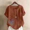 thumbnail image 2 of ZQUUVOU Women's T-Shirt Linen Round-Neck Short Sleeve Button T-Shirt Blouse Coffee (3XL), 2 of 4