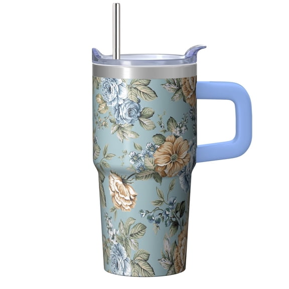 Women's Floral Travel Coffee Mug 20oz, Vacuum Insulated Stainless Steel Tumbler with Handle and Straws, Leak-proof, She'll Adore It