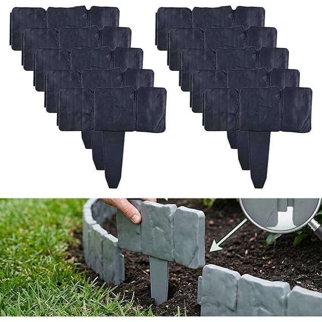 Imitation Stone Garden Fence, DIY Faux Stone Landscape Edging Border for Landscaping, Plastic Retaining Garden Fence, Interlocking No-Dig Decorative Lawn Edging