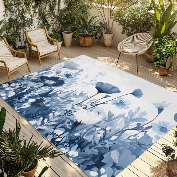 Fsddascl Navy Blue Flowers Outdoor Rug for Patio/Deck/Porch, Non-Slip Large Area Rug 5 x 8 Ft, Summer Pastoral Botanical Indoor Outdoor Rugs Washable Area Rugs, Reversible Camping Rug Carpet Runner