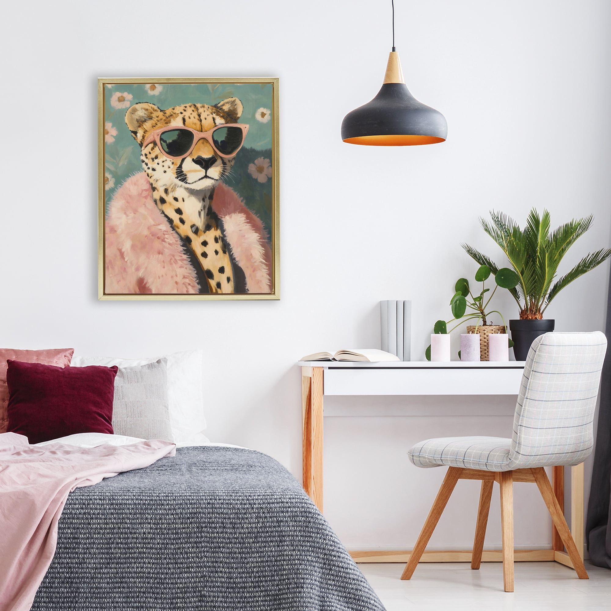 Stupell Industries Glam Cheetah in Pink Fur Gold Framed Floater Canvas Wall Art, design by The Prints Vibe
