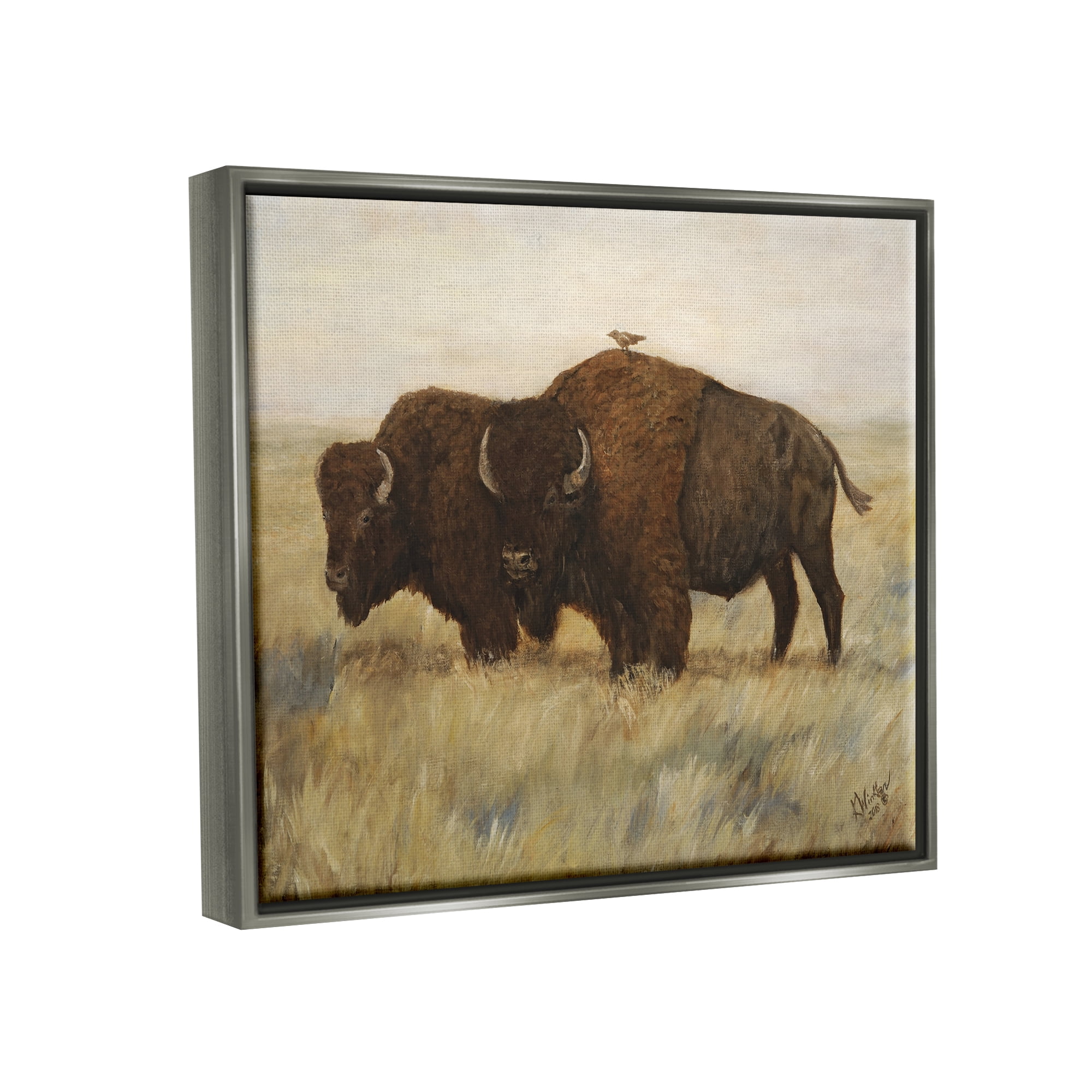 Stupell Industries Bird on Bison Rural Scene Animals & Insects Painting Gray Floater Framed Art Print Wall Art