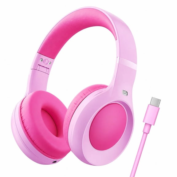 Kids Headphones, USB Type C Headphones for Kids, Foldable 85/94dB Safe Volume Stereo Adjustable over Ear Headphones for Kids, Wired Kids Headphones for School Travel Tablet-Pink