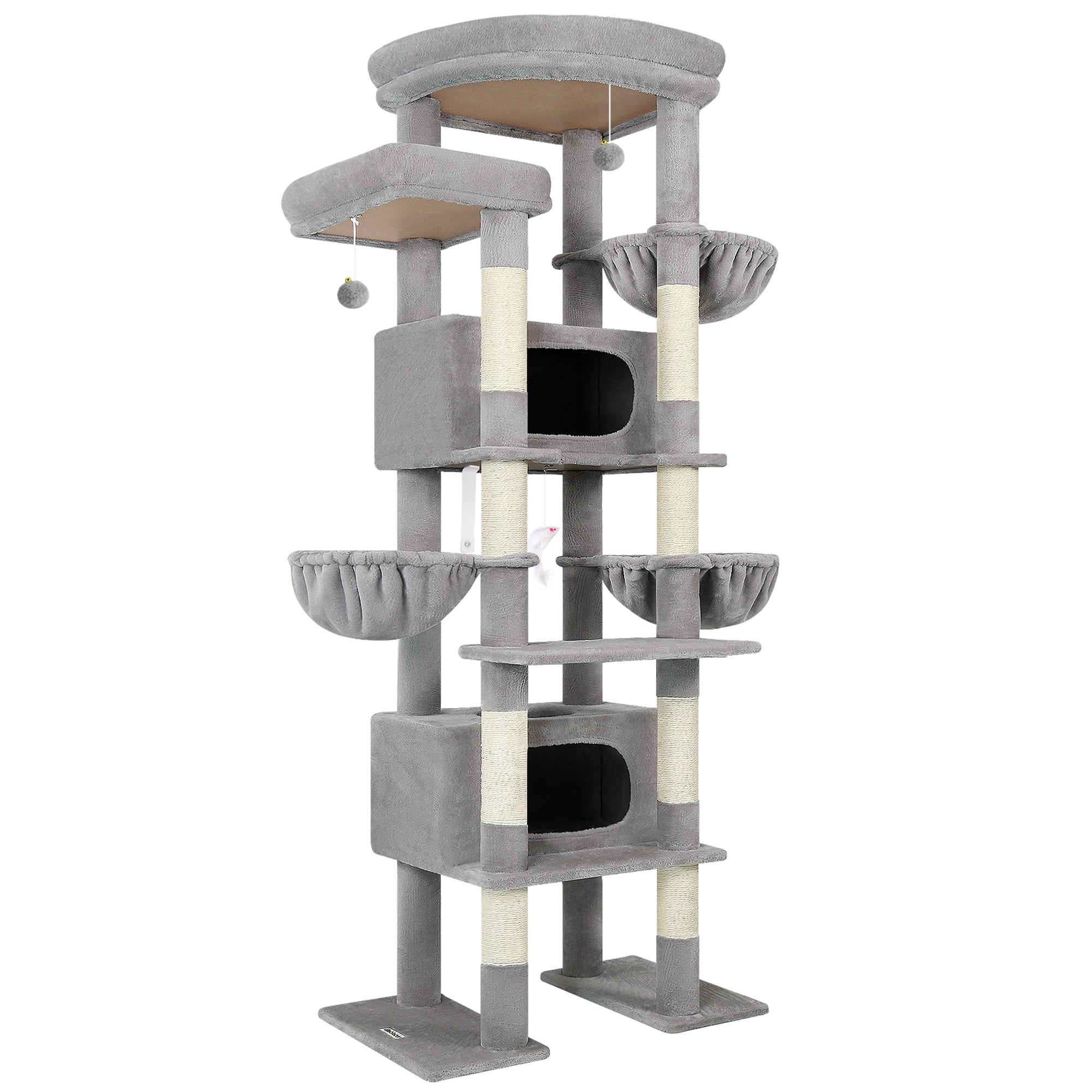 Globlazer 84" Multilevel Large Cat Tree Tower for Indoor Cats with 2 Condos, 3 Hanging Baskets & 8 Scratching Posts, Light Gray