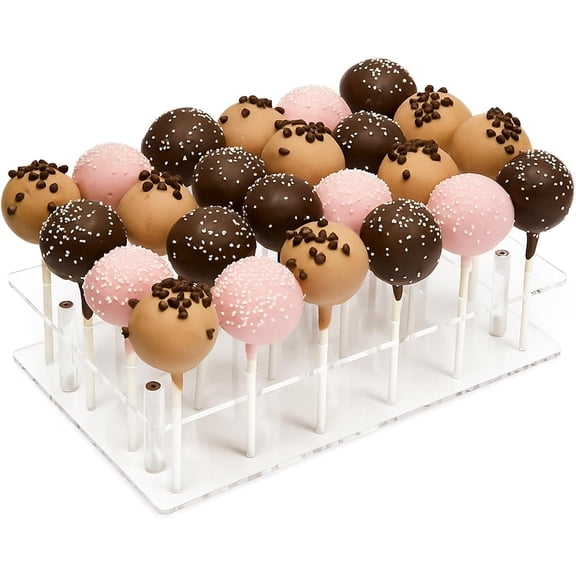 Cake Pop Stand - 24-Hole, Clear Acrylic, 9 x 5.9 x 2 in - Cake Pop Holder Rack & Tray - Display for 24 Cakepops on Dessert Table