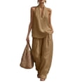 thumbnail image 2 of Summer 2 Piece Sets for Women V Neck Halter Tops and Pants Set Lightweight Two Piece Linen Lounge Sets with Pockets, S, 2 of 6