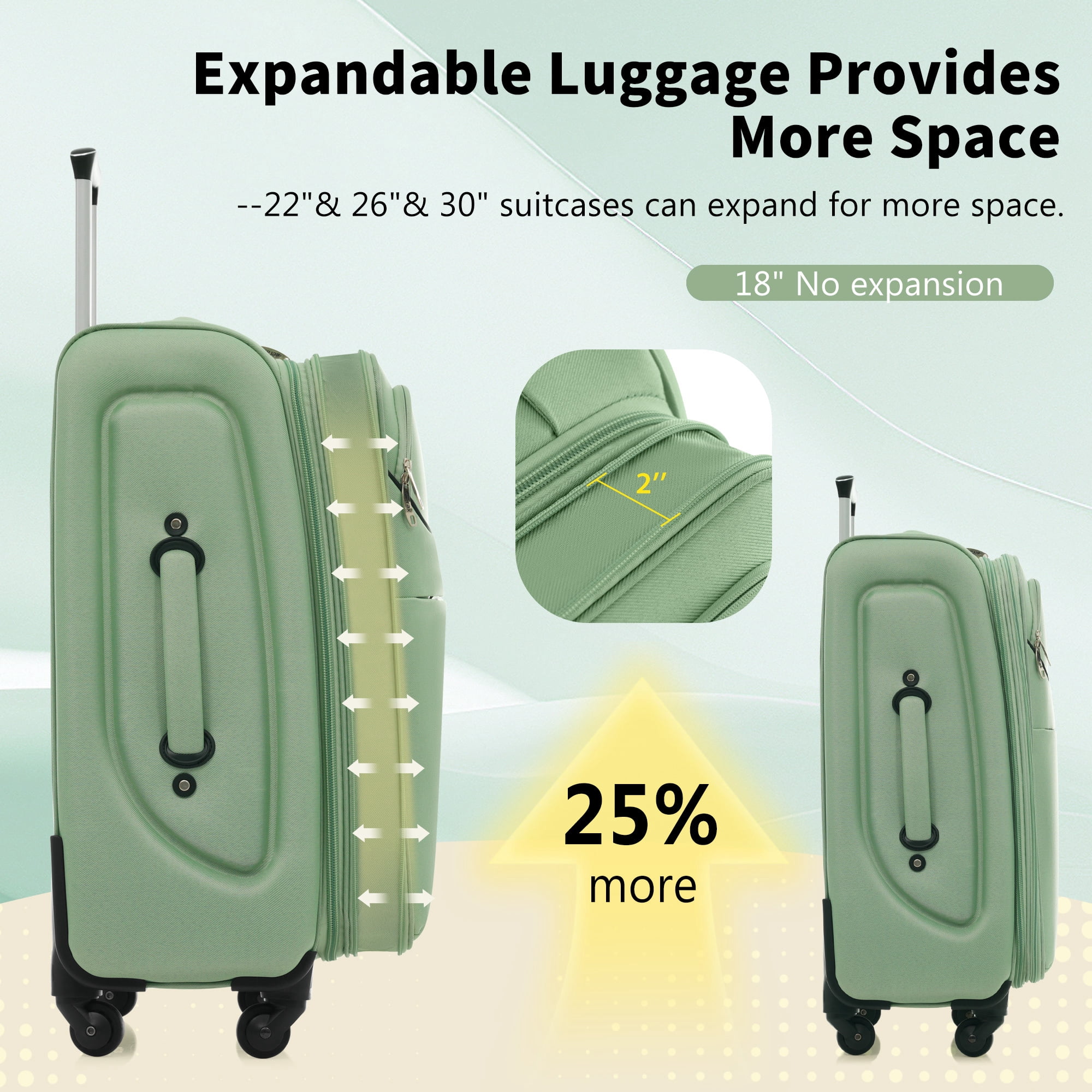 Euroco 4 Piece Softside Luggage Set, Expandable Suitcase Set with TSA Lock and Spinner Wheels, Lightweight Durable Suitcase for Men Women Travel(18"/22"/26"/30") ,Light Green