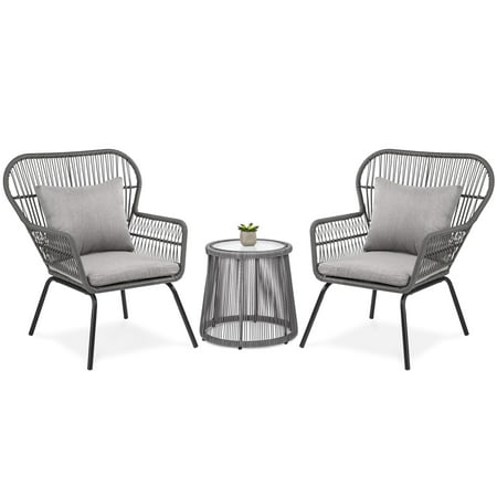 Best Choice Products 3-Piece Outdoor All-Weather Wicker Conversation Bistro Furniture Set for Patio, Garden, Backyard w/ 2 Chairs, Glass Top Side Table, Weather-Resistant Seat & Back Cushions - (Best Outdoor Furniture Brands)