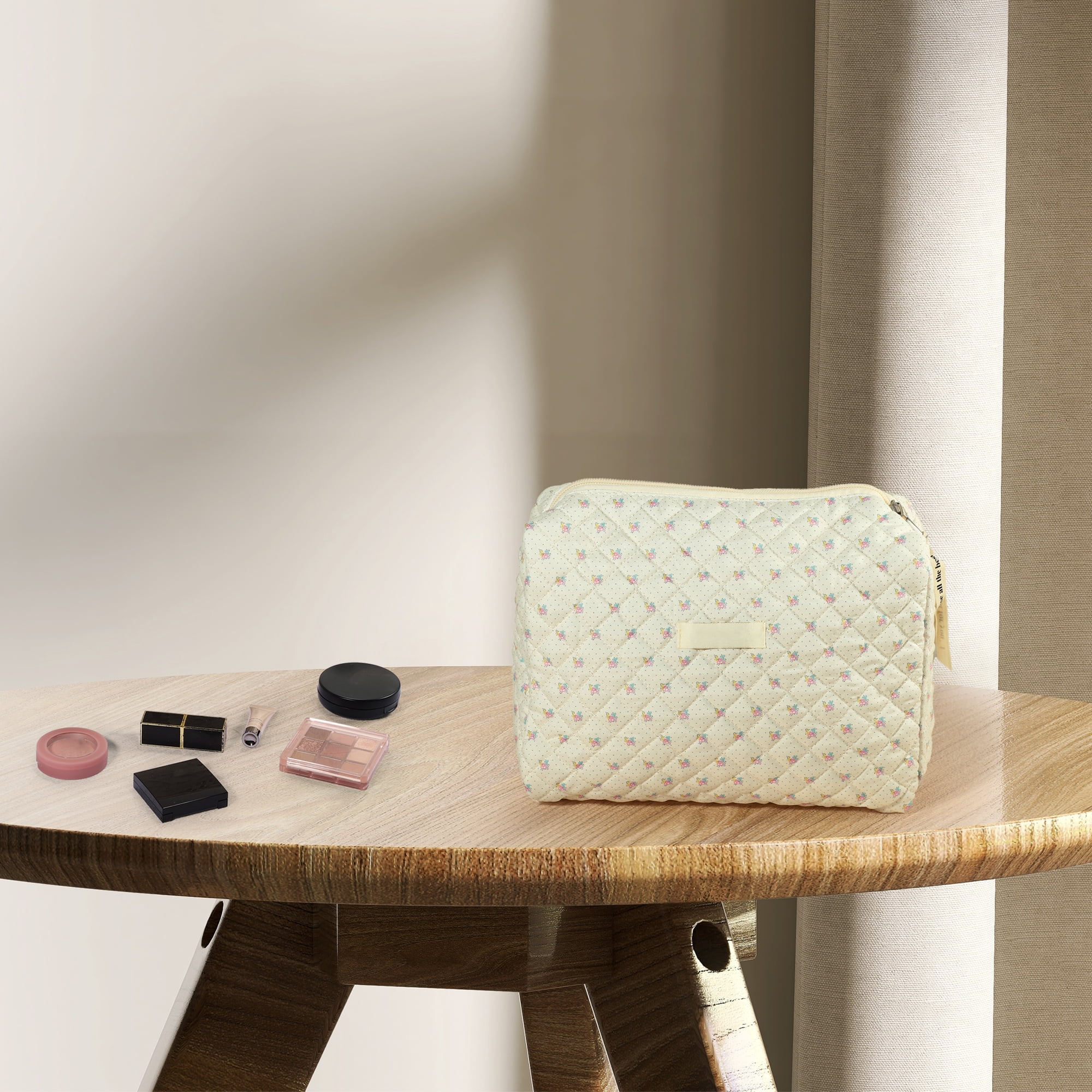Unique Bargains Large Travel Cosmetic Pouch Quilted Toiletry Cotton Makeup Bag Beige