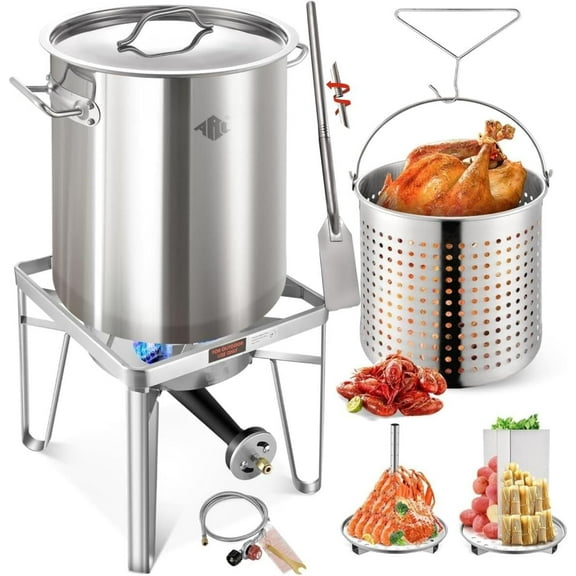 64QT Stainless Steel Pot with 200,000 BTU Propane Burner and 36" Mixing Paddle-Seafood Boil Pot, Crab Boil Pot, Lobster Pot, Shrimp Boil Pot, Tamale Steamer Pot with Basket and Turkey Fryer Burner