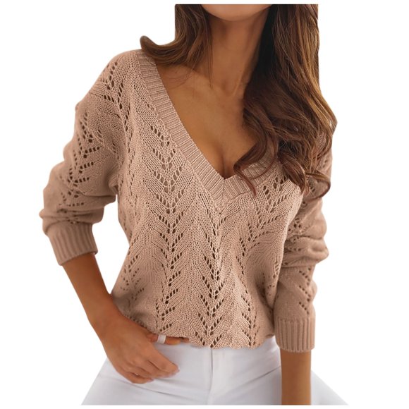 Mrat Women Knit Sweater Shirts Casual Solid Color Hollow out Blouse Long Sleeve V Neck Crochet Sweater Comfy Tops S-108 Brown L