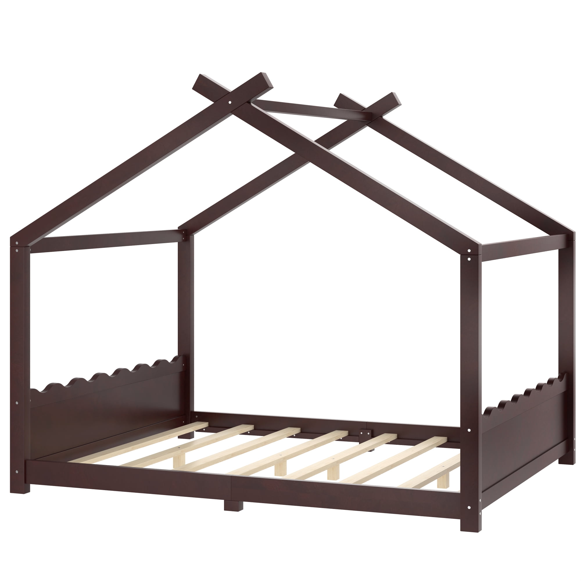 Leumius Queen Size House Shape Bed,Montessori House Bed Solid Wood Floor Bed for Kids,No Box Spring Needed,Espresso