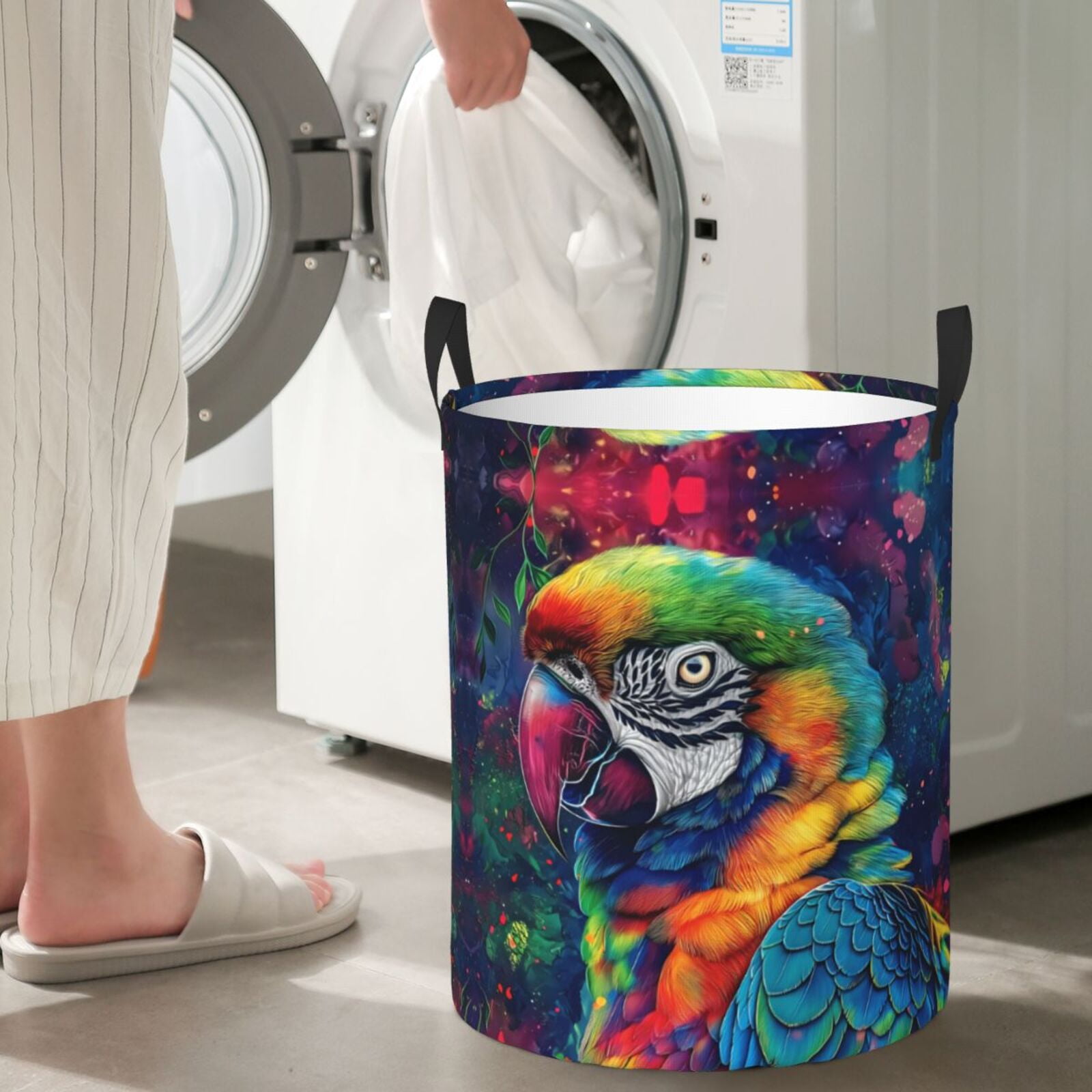 Large Laundry Basket with Handles - Vibrant Rainbow Parrot Fantasy Kids Baby Dirty Clothes Laundry Hamper for Bedroom Aesthetic