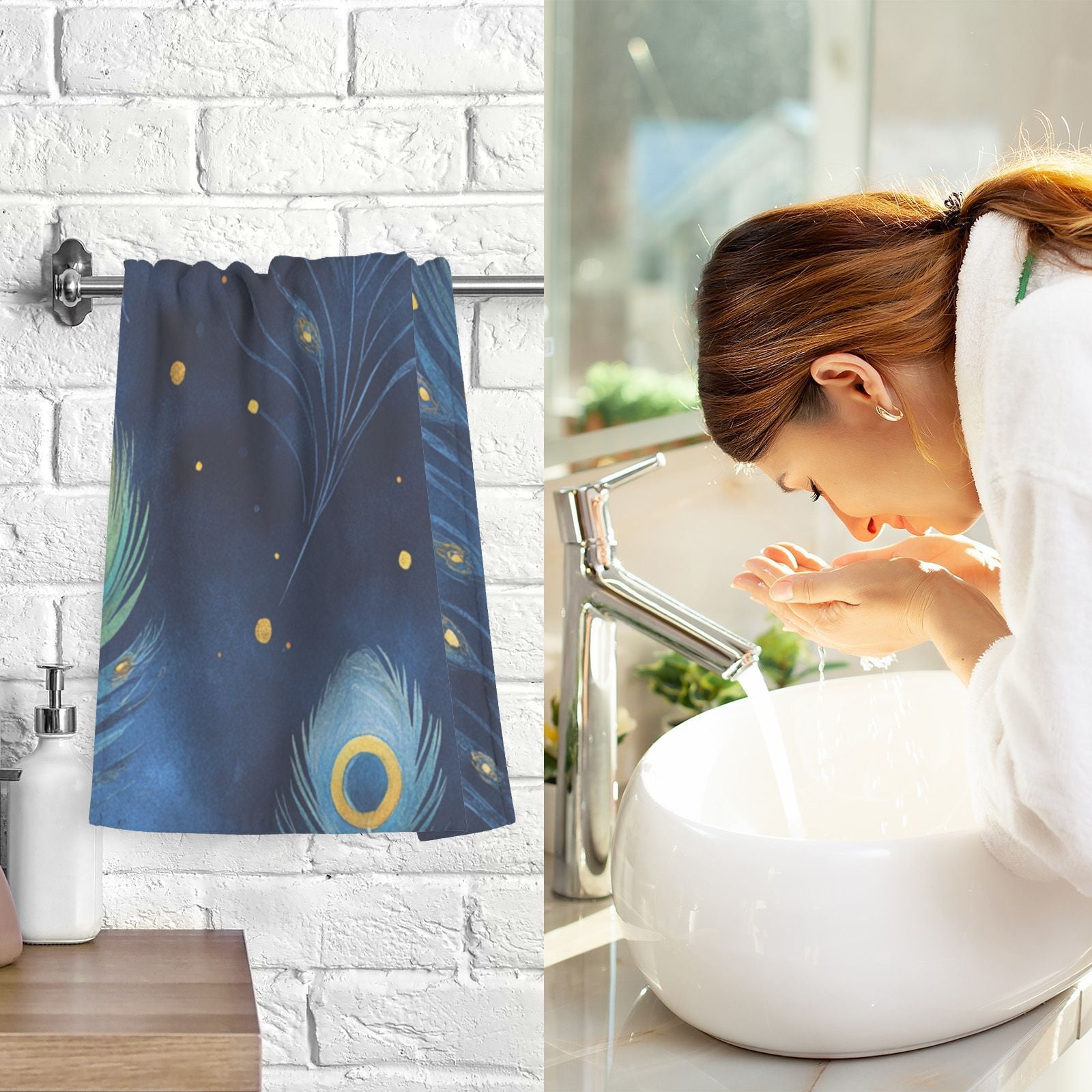 Peacock Feather Blue Hand Towels Cotton Bath Towels Large Face Towels Absorbent for Bathroom 2 Packs