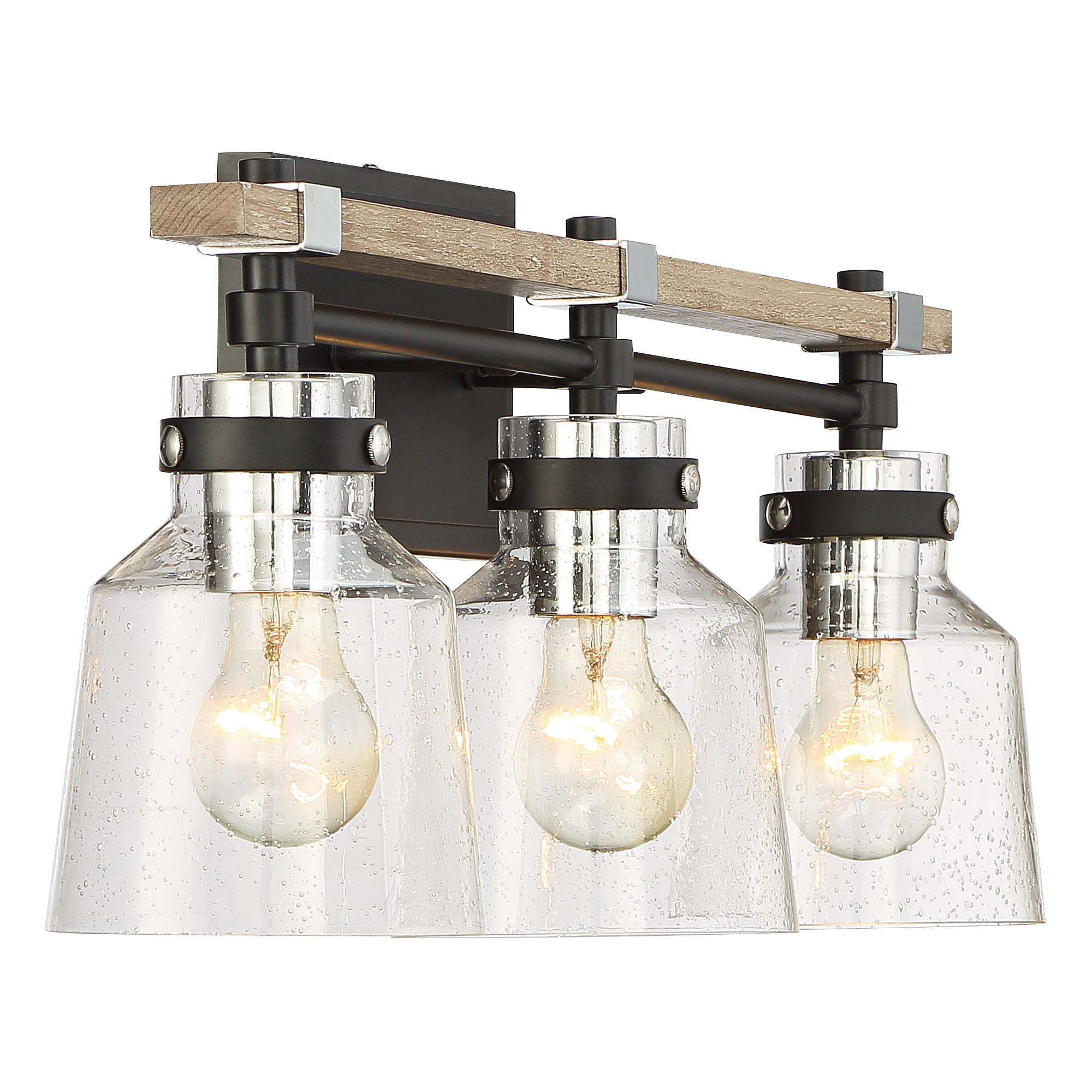 Possini Euro Design Broadway Modern Industrial Wall Light Black Faux Wood Hardwire 23" 3-Light Fixture Clear Seedy Glass for Bedroom Bathroom Vanity