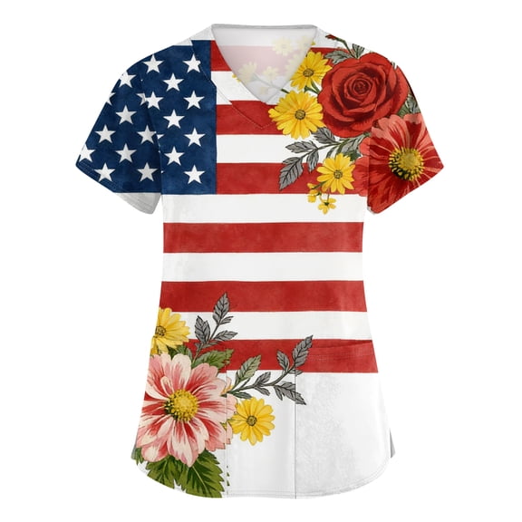 Scrubs Tops for Women Vintage American Flag Graphic Print Scrub Nurse Shirts V Neck Short Sleeve Nursing Uniforms