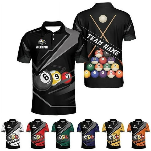 Personalized Billiard Polo Shirts Billiard Polo 3D Billiard Flag Men's Pool Billiards Shirt 8 Ball Gift Men Women (Black, S)