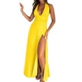 thumbnail image 2 of Womens Halter Deep V Neck Maxi Dress Sleeveless Backless Split Long Dress Yellow L, 2 of 9