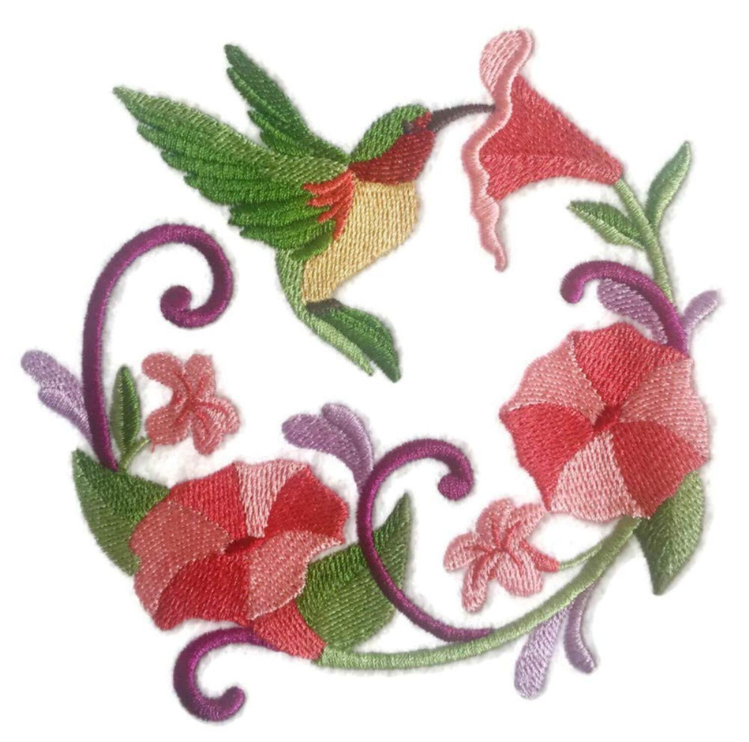 Hummingbird Wreath Embroidered Iron on/Sew Patch [5" X 5"]