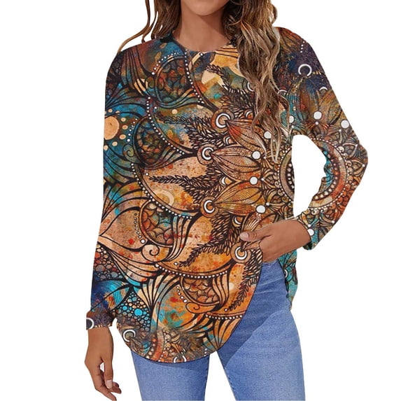 Stormdoing T Shirts for Women Winter Fall Round Neck Shirt Long Sleeve Ethnic Print Blouse Regular Casual Tops
