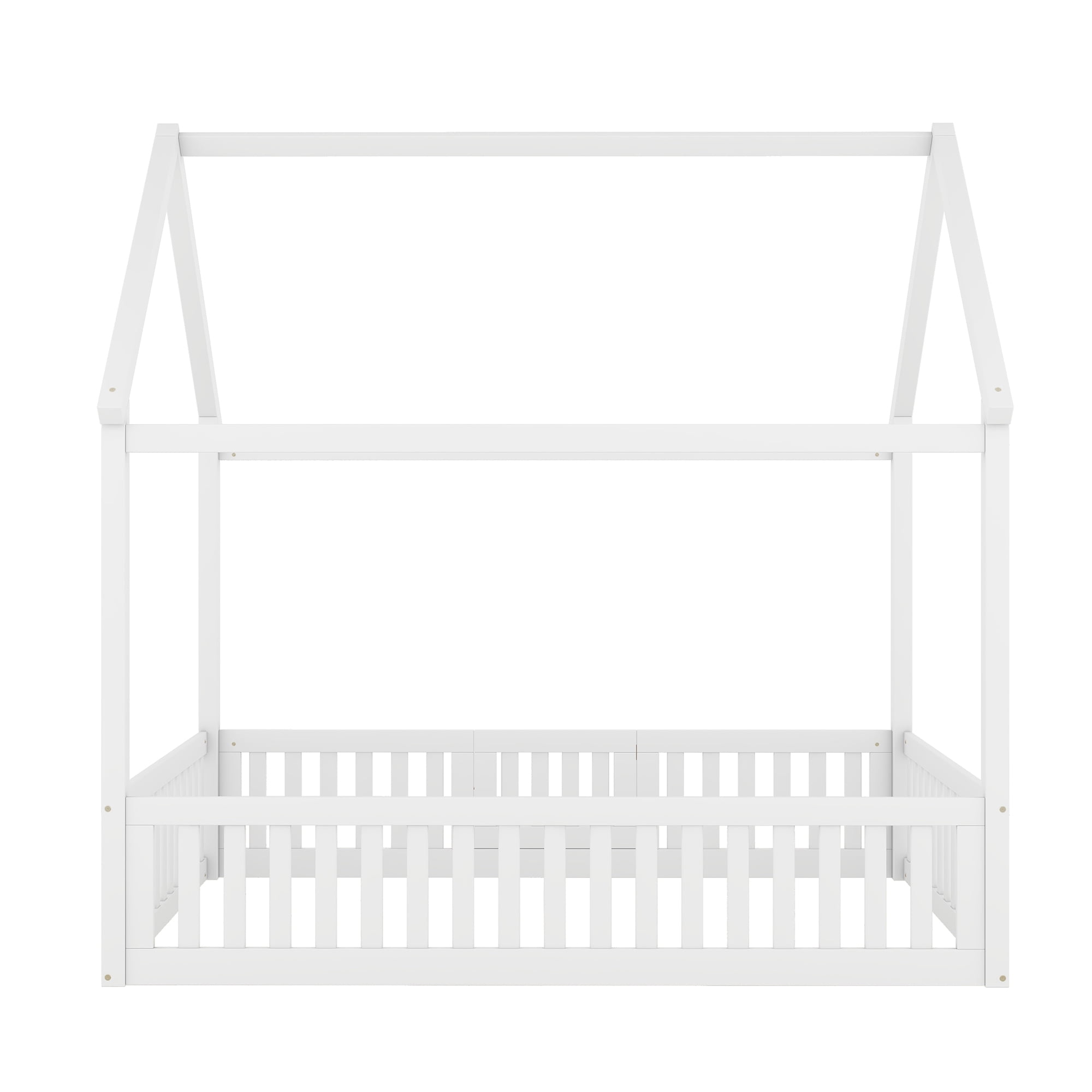 Harper & Bright Designs Full Size Floor House Bed, Wood Montessori Bed with Fence & Door, Full House Bed with Roof for Girls & Boys, White