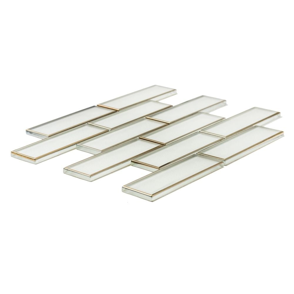 The Tile Life Athena 2" x 6" White/ Gold Glossy Glass Brick Mosaic Wall Tile, 1 Sheet
