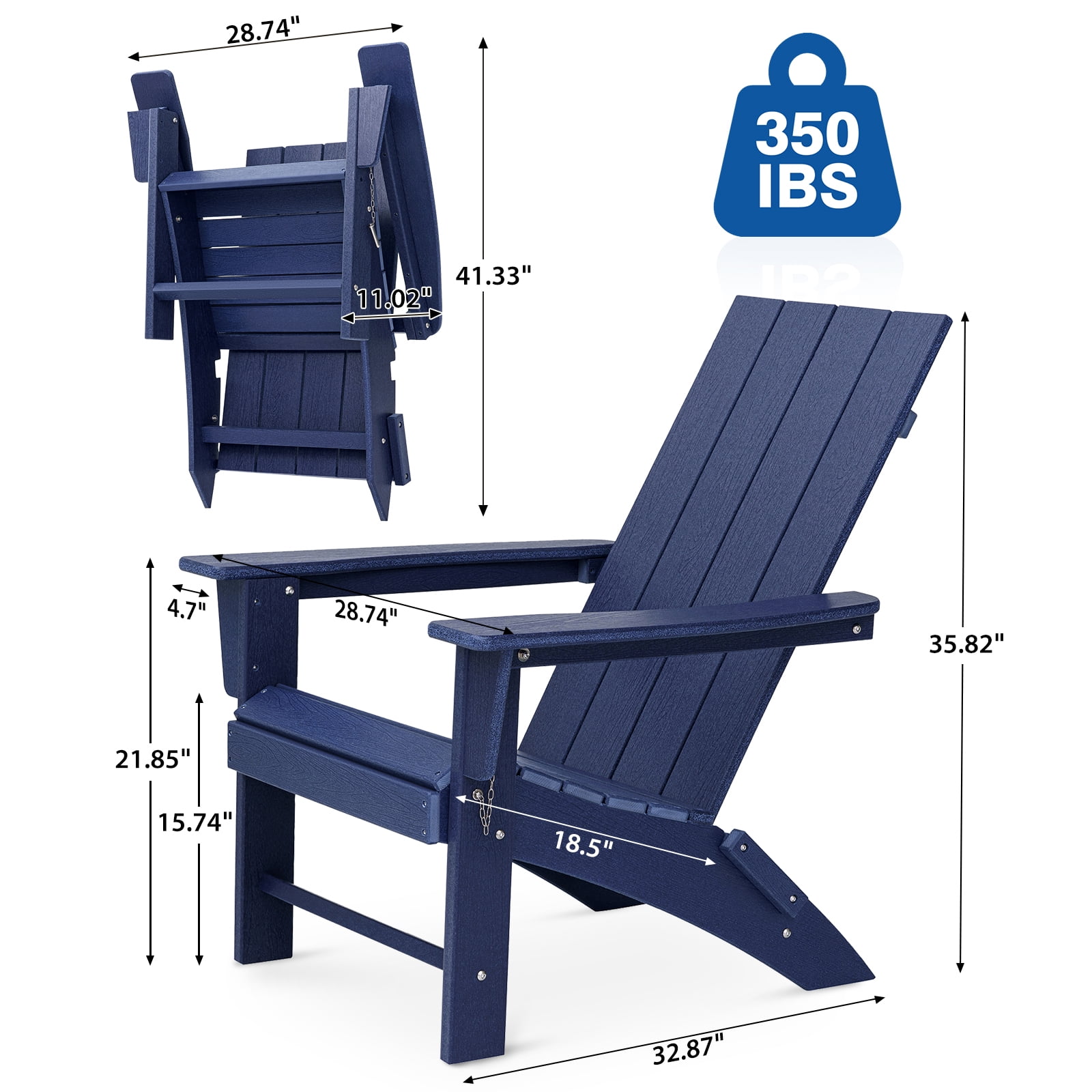 Garpans Folding Adirondack Chairs Set of 2 Weather Resistant Outdoor Adirondack Chair HDPE Outdoor Chair for Patio Front Porch Pool Garden Deck Fire Pit Outside, Navy Blue