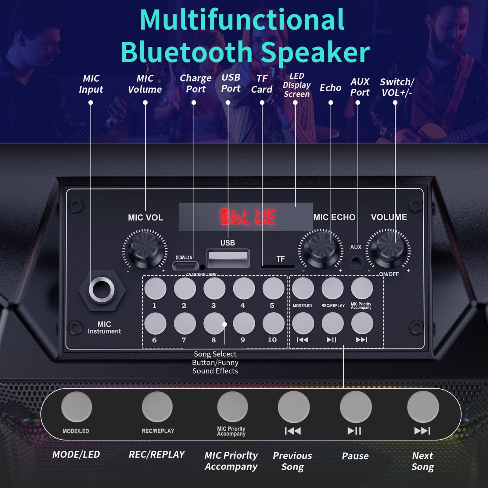 FanFun Portable Party Speaker with Microphones, Stereo Sound Bluetooth Speaker with Colorful Led Lights for Outdoor/ Home and Travel, 12H Playing