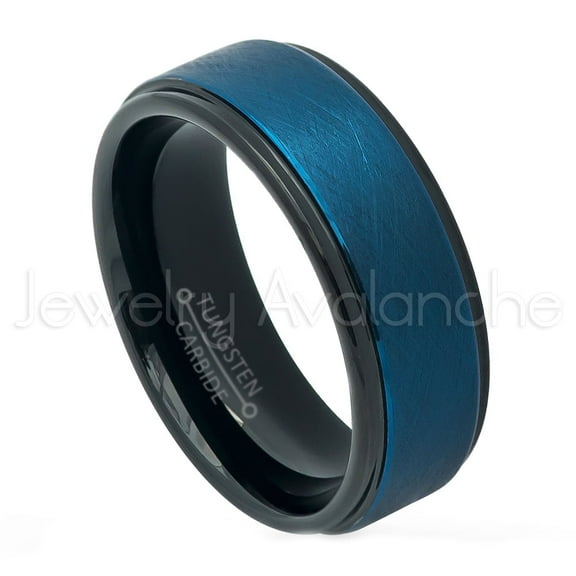 2-Tone Tungsten Ring - 8mm Wire Brushed Finish Blue & Black IP Tungsten Carbide Anniversary Ring - TN709WAs9