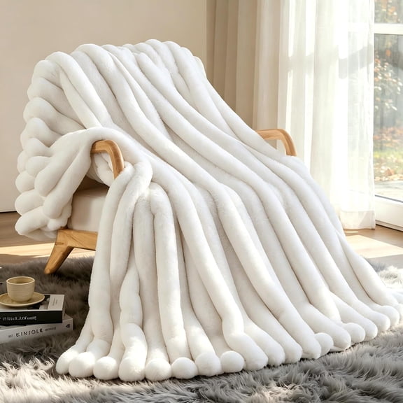 AUQ Faux Fur Throw Blanket for Couch,Cozy Soft Plush Thick Striped Luxury Blanket for Sofa Living Room Bedroom White Fluffy Blanket Marshmallow Blanket 50 * 60 Inches, White