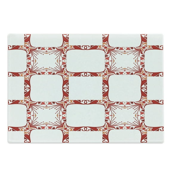 Ethnic Cutting Board, Modern and Nostalgic Square Shaped Mixed Tiles Middle Age Effects Design Art Print, Decorative Tempered Glass Cutting and Serving Board, Large Size, Maroon, by Ambesonne