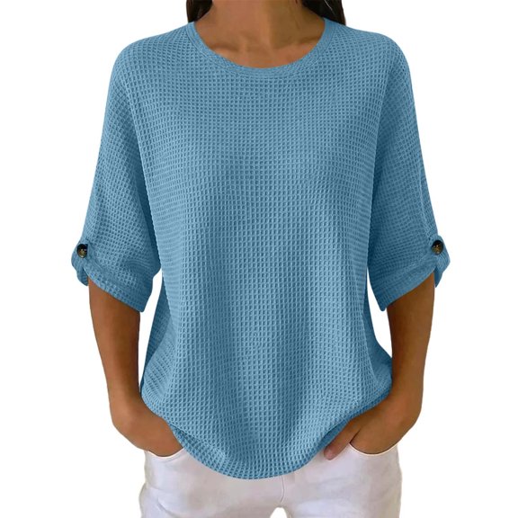 Dnxhils Womens 3/4 Length sleeve Tops Ladies Casual Waffle Blouses Crewneck Pullover Womens Fall Fashion Outfits 03-Blue L