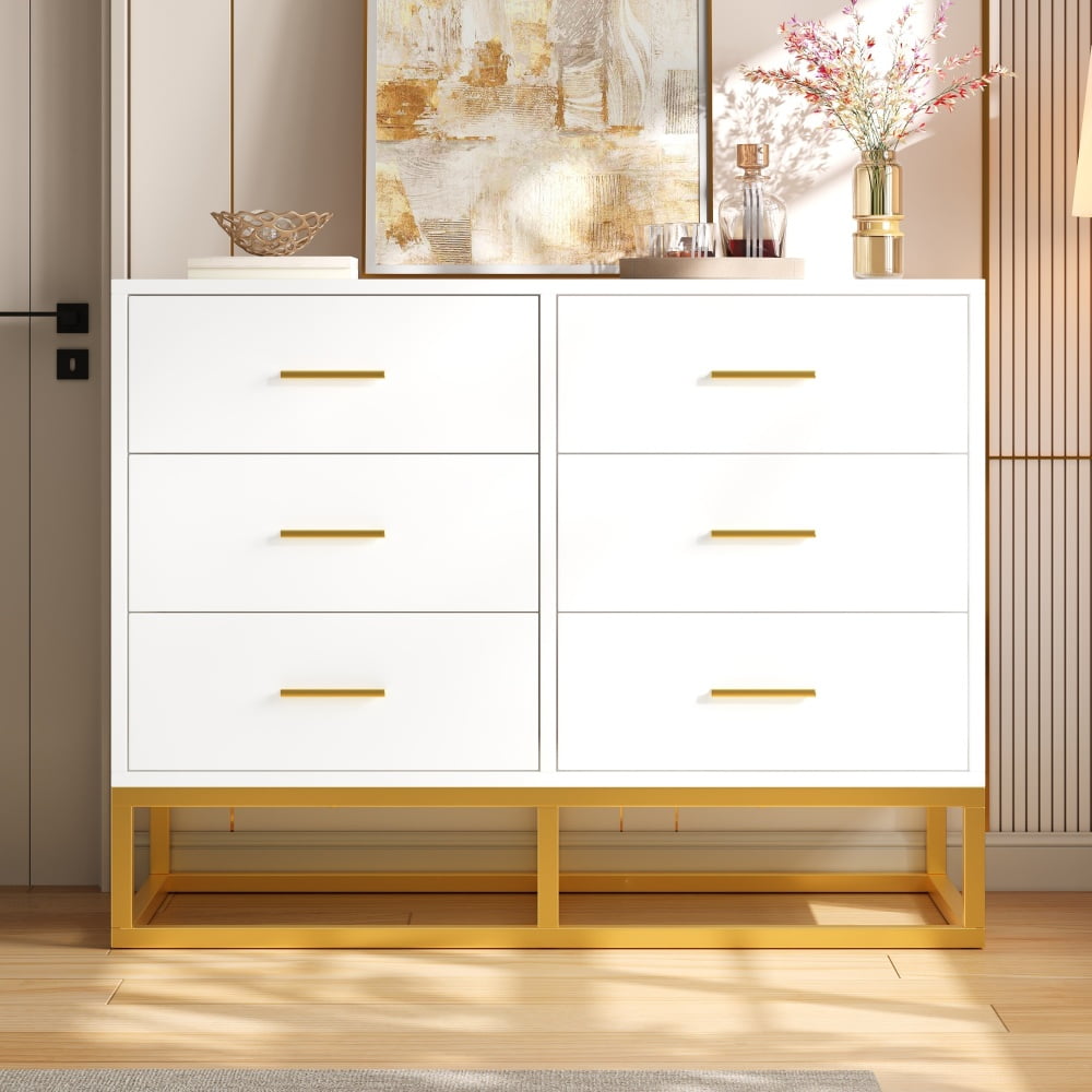 Modern 6-Drawer Dresser with Gold Metal Legs and Handles, 39.3 Inch White High-Gloss Chest of Drawers for Bedroom, Large Storage Cabinet with Sturdy Metal Frame, Contemporary Glam Furniture, Easy Ass