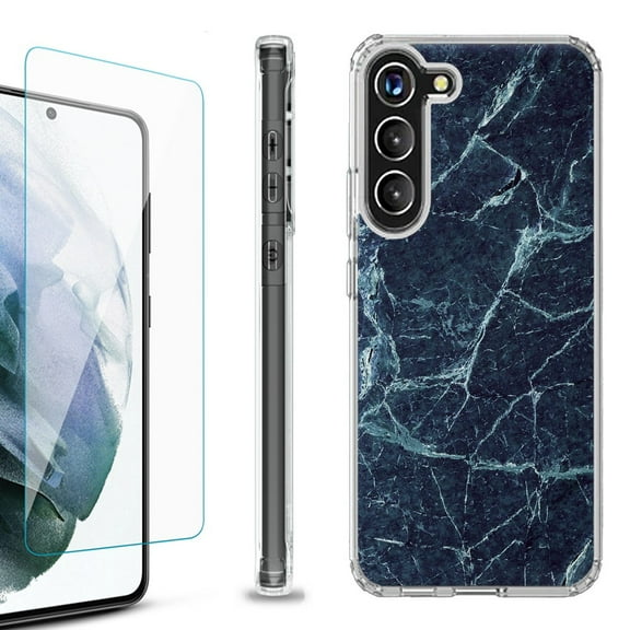 Shockproof Bumper Phone Case for Samsung Galaxy S23 5G, with Tempered Glass Screen Protector, by OneToughShield ® - Marble / Blue