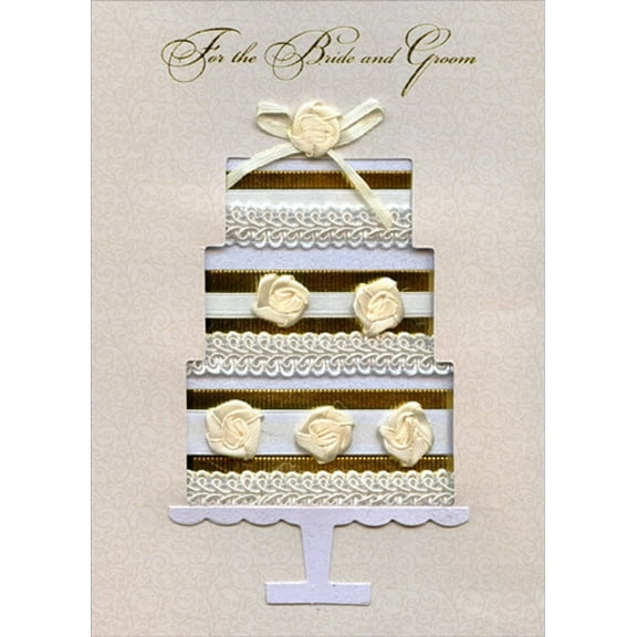 Designer Greetings Three Tiered Die Cut Cake with Gold Foil and Ribbons 3D Hand Decorated Designer Boutique Keepsake Wedding Congratulations Card